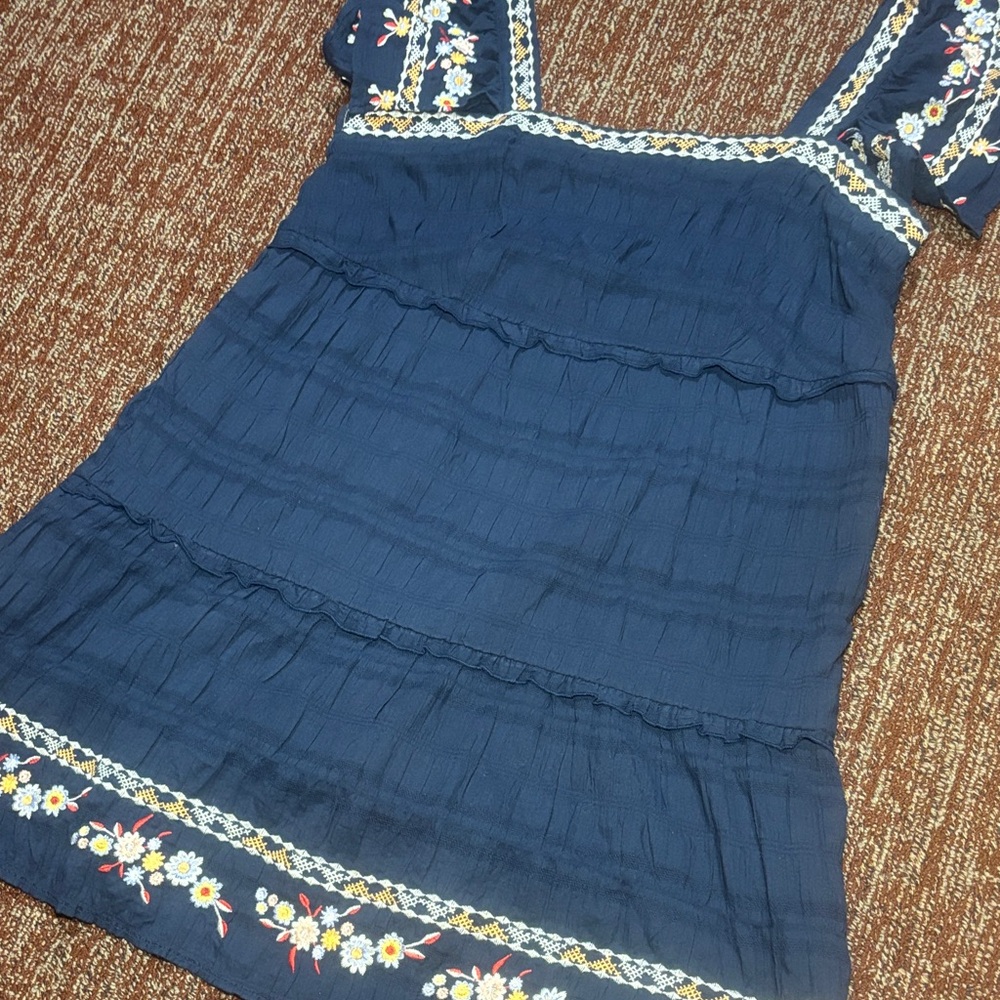 Jacques the Label navy blue smocked embroidered ruffle sleeve relaxed mini dress